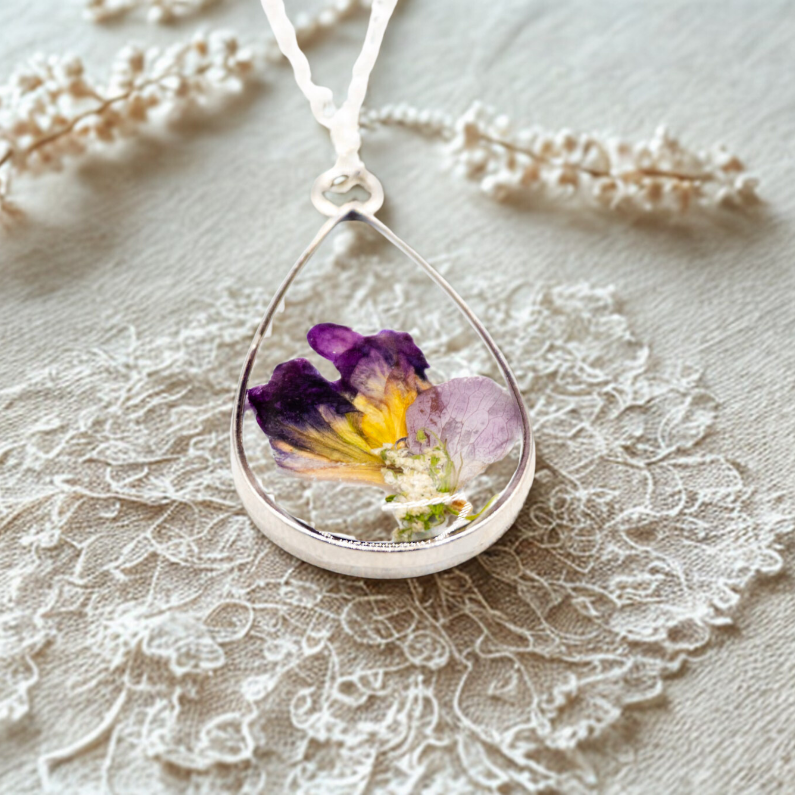 Pressed Flower Teardrop Pendant Jewelry Sets
