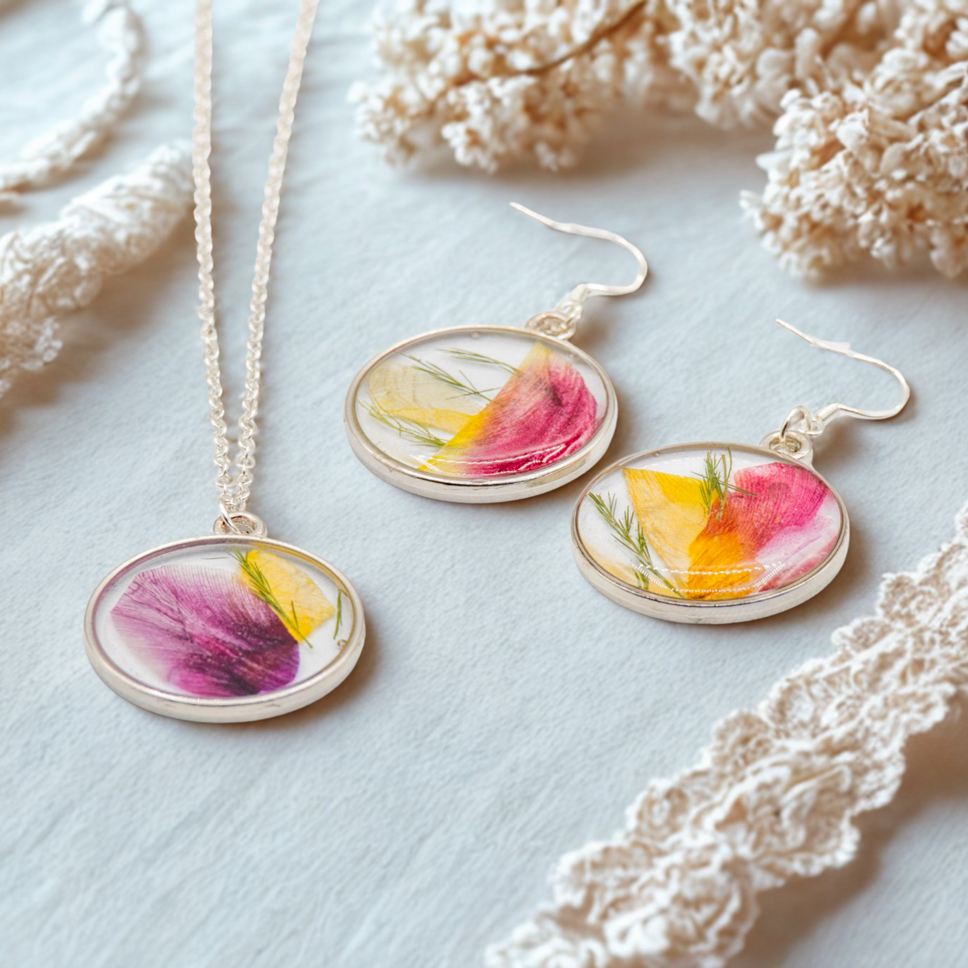 Pressed flower jewelry set wedding bouquet preservation