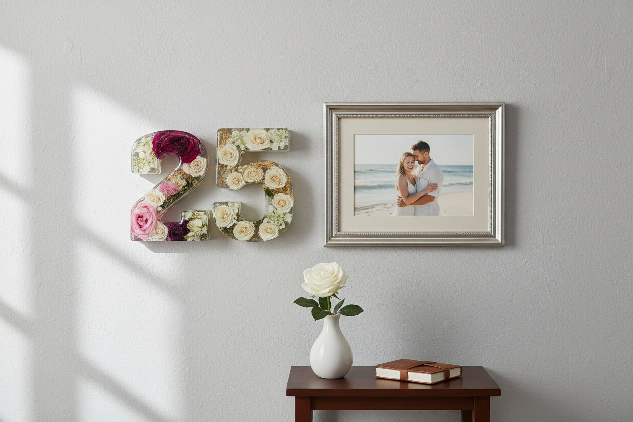 resin flower preservation number '28' made with wedding flowers on a dark surface.