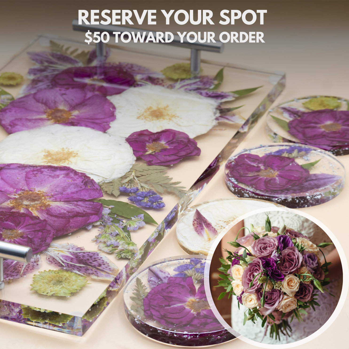 Before and after transformation of fresh wedding bouquet and the resin serving tray and coasters made with her white flowers