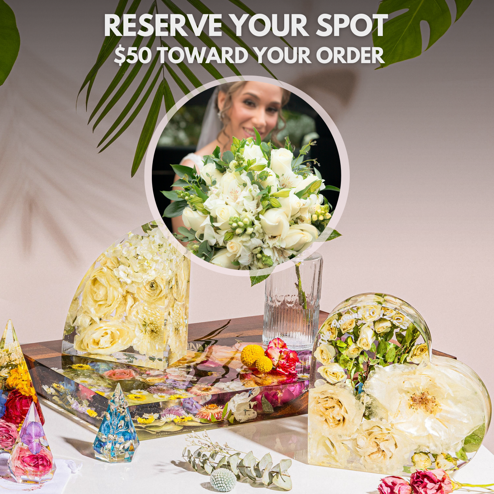 Before and after transformation of fresh wedding bouquet and the resin products made with her white flowers