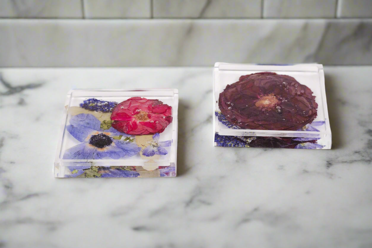 set of 2 pressed flower coasters no metallic flake, clear uv resistant epoxy resin preservation