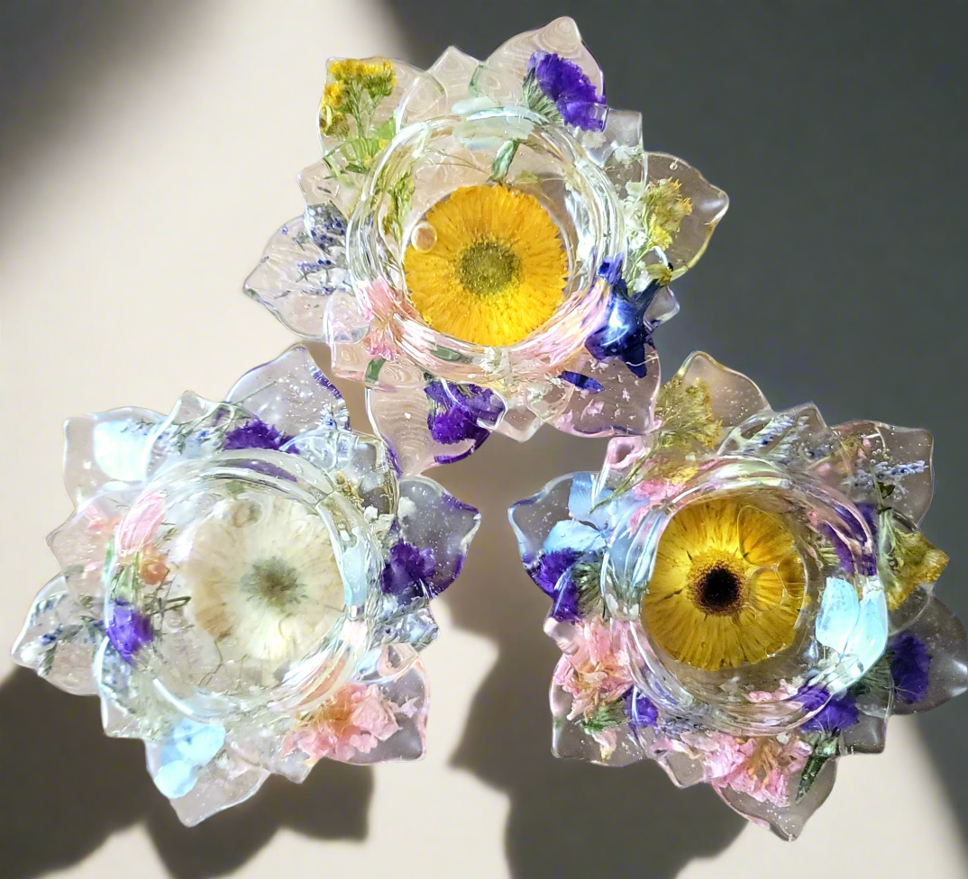 Lotus ring bowl with preserved bridal bouquet flowers in crystal clear resin jewelry dish and tealight holder