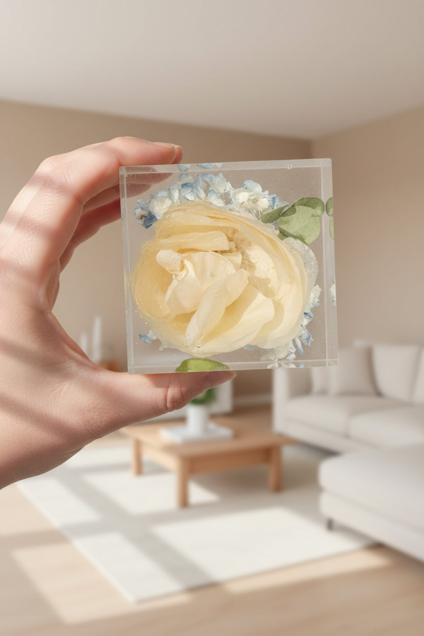 Funeral Flower Preservation 3x3 Cube Memorial Service Bouquet Preserved into Resin Cubes for Family Gift for Caregiver Remembrance Display