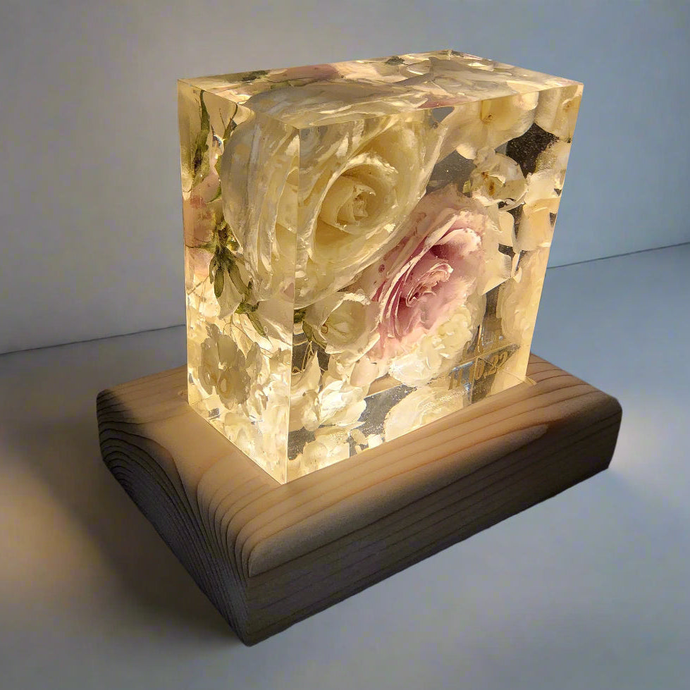 Wedding Bouquet Preservation 5 inch bouquet block lighted pine base