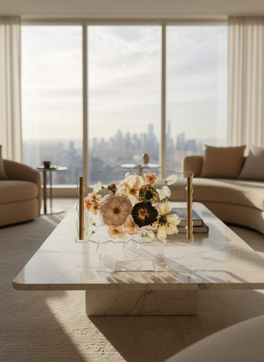 resin geode tray on marble coffee table in ny penthouse living room luxury bridal bouquet preservation