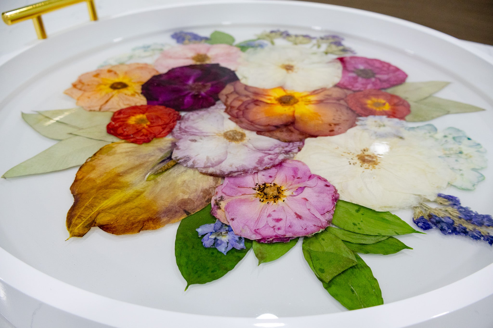 Pressed Flower Round Ottoman Tray