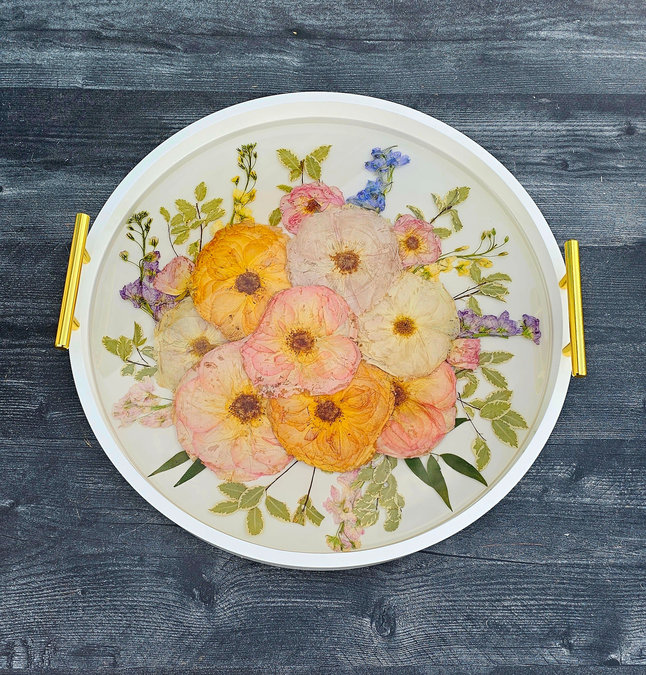 Pressed Flower Round Ottoman Tray