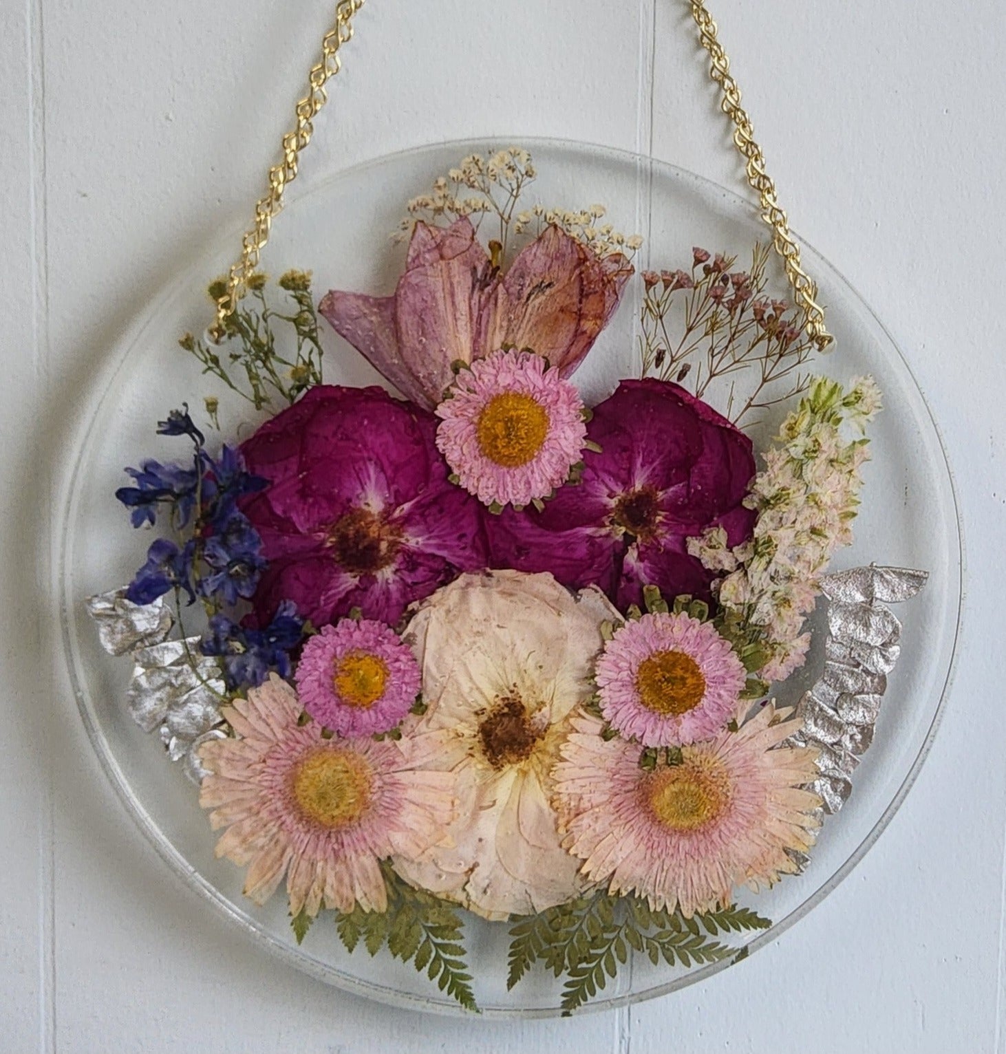13" Round Pressed Flower Hanging Display with Chain