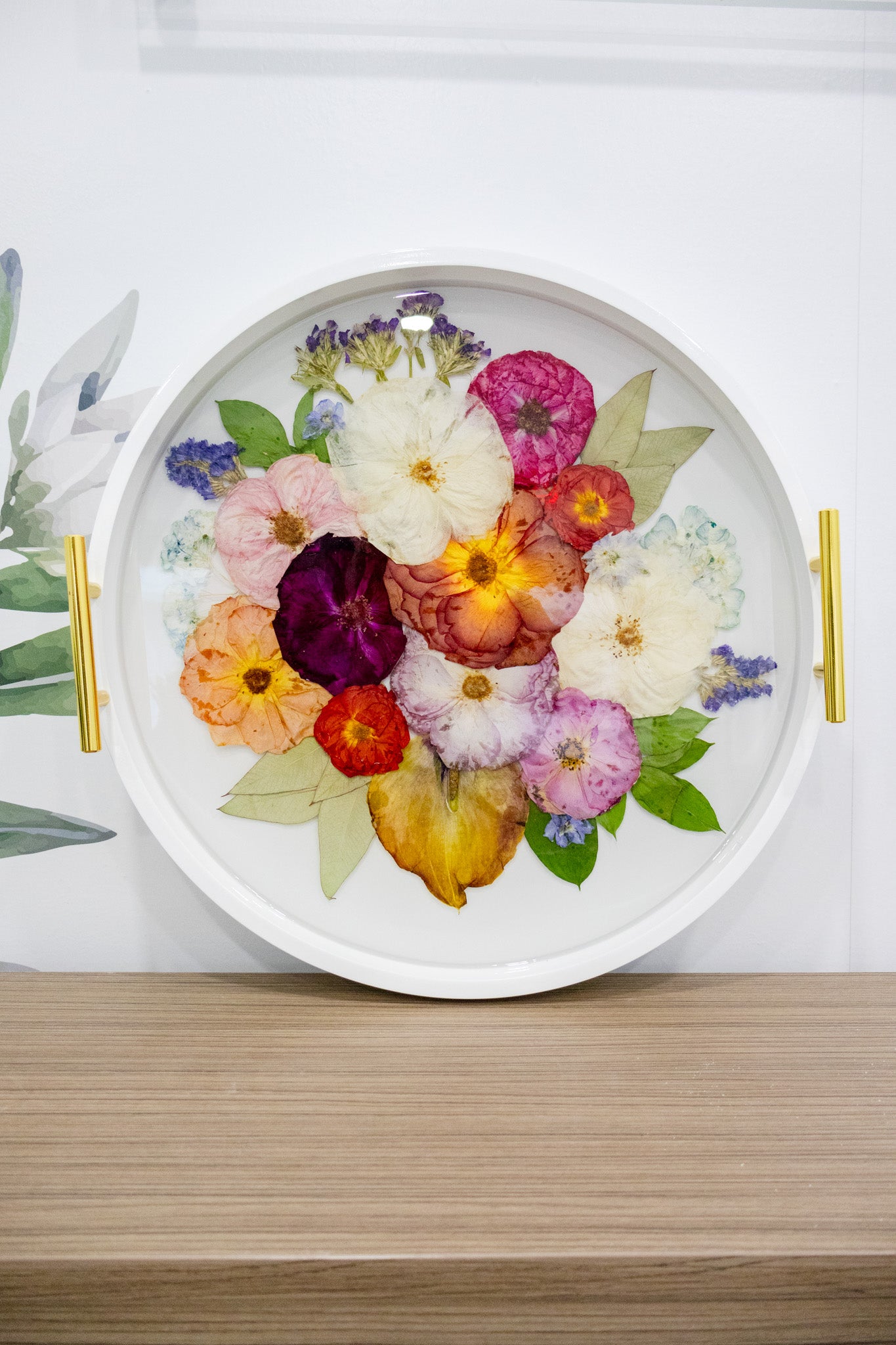 Pressed Flower Round Ottoman Tray