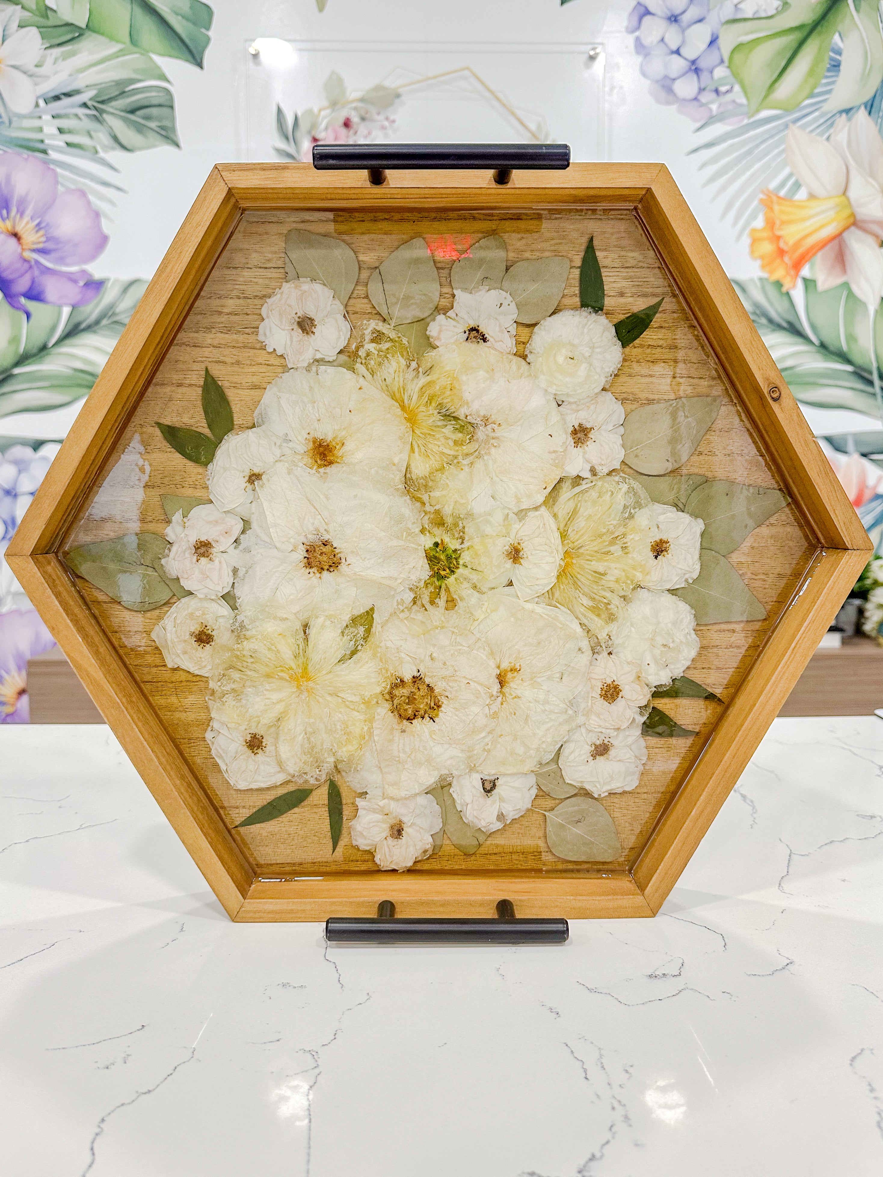Pressed Flower Hexagon Ottoman Tray