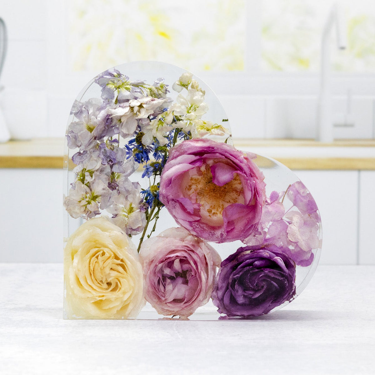 preserved roses and dried delphinium flower preservation in resin heart 