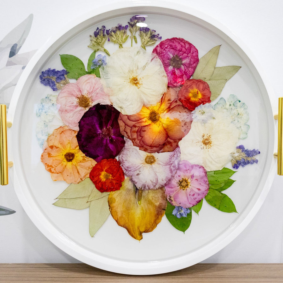 Bouquet Preservation Ottoman Tray Wedding Keepsake Flower Preservation Serving Tray with colorful roses and lily inside