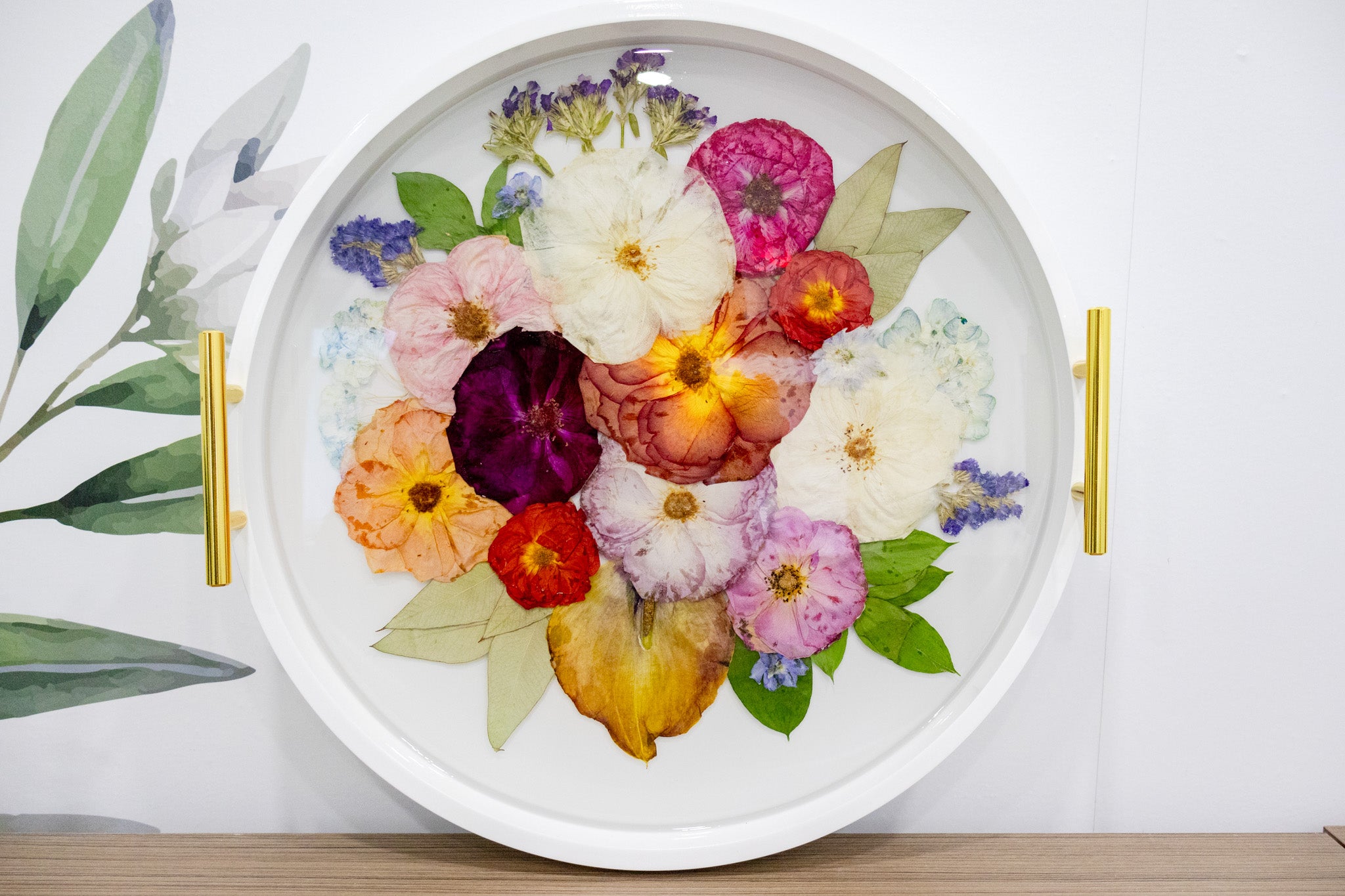 Pressed Flower Round Ottoman Tray