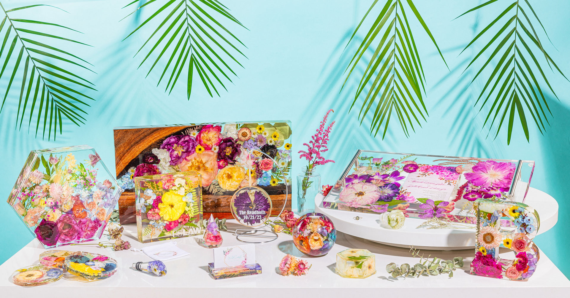Wild Coast Flower Preservation all services banner with a collection of pressed flower keepsake products