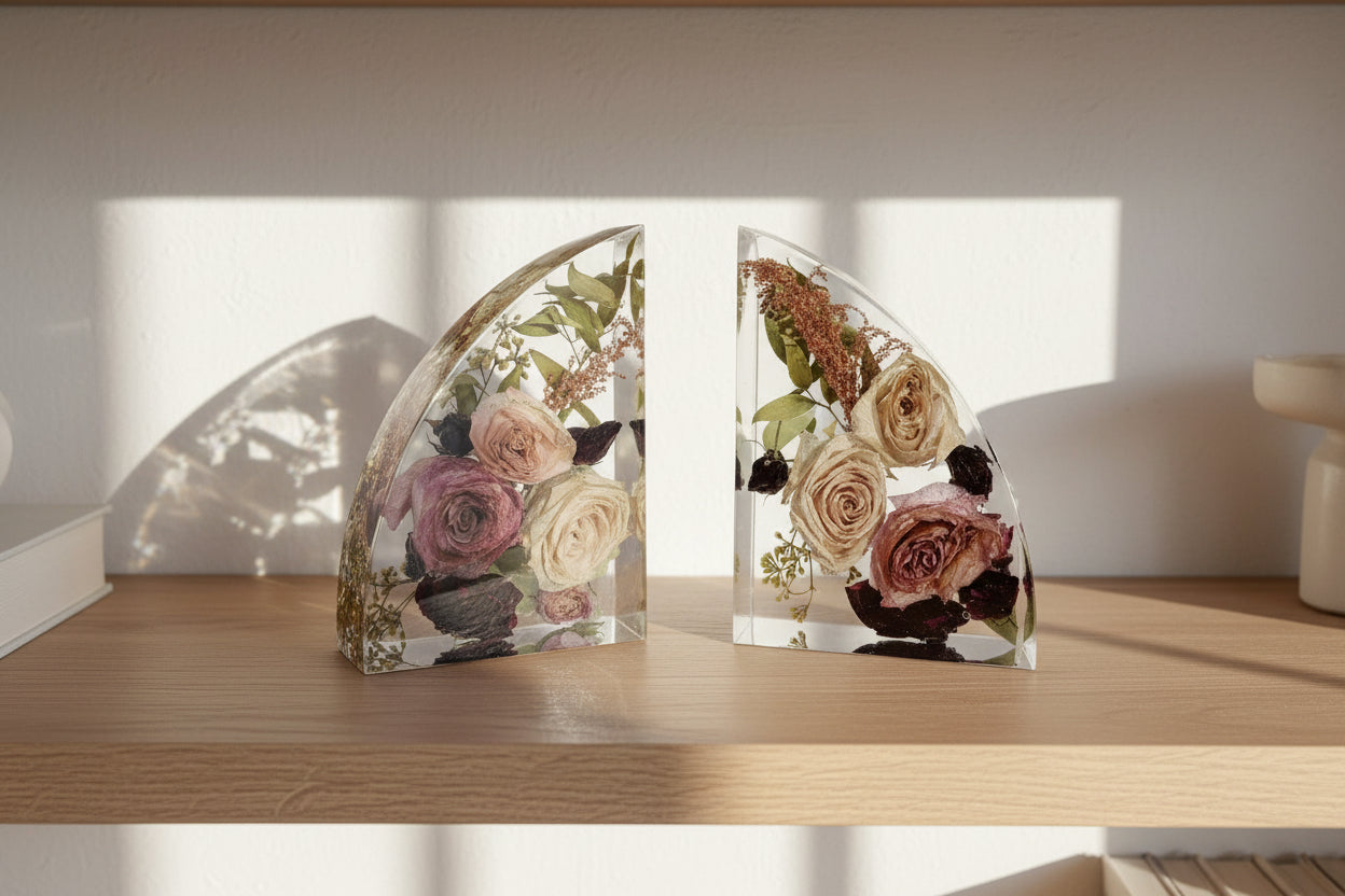 Two epoxy resin bookends with preserved flowers wedding keepsake