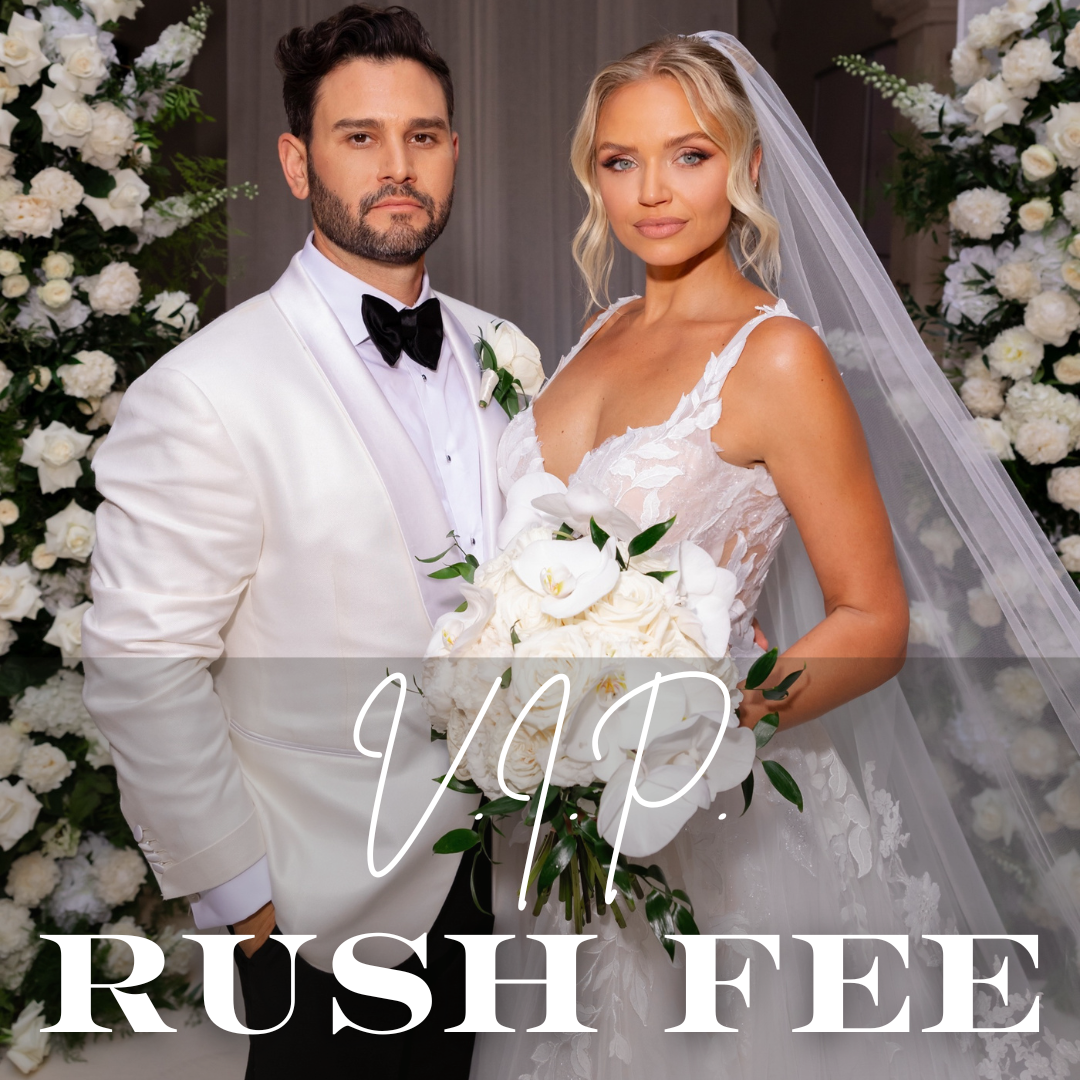 Bride and groom with their wedding arch and bouquet with image text that reads VIP Rush Fee for bouquet preservation