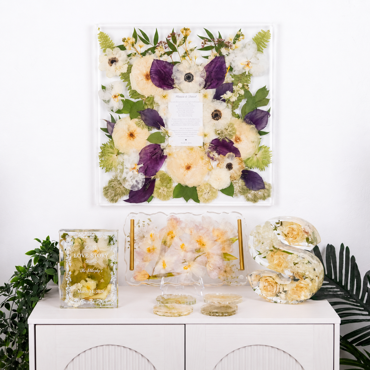 Bouquet preservation legacy package by wild coast flower preservation includes large wall decor, love story book preservation, resin serving tray and coaster set, and large letter block made with real flowers