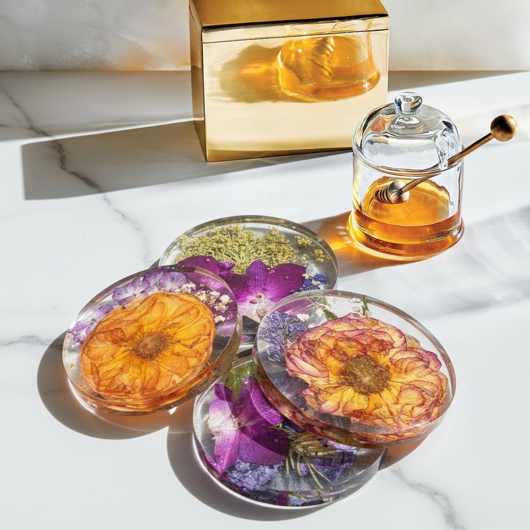 Resin coasters with pressed flower resin art