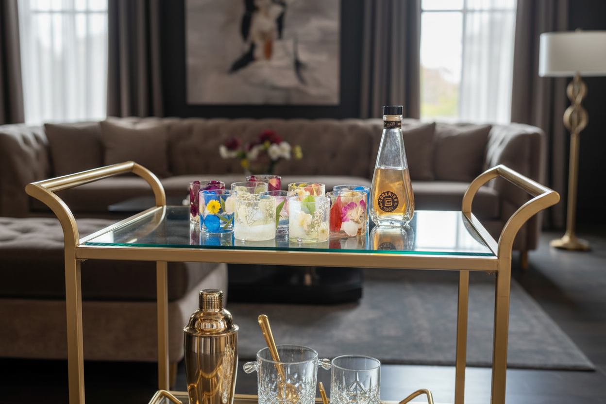 preserved flower cups made with clear resin on a bar cart