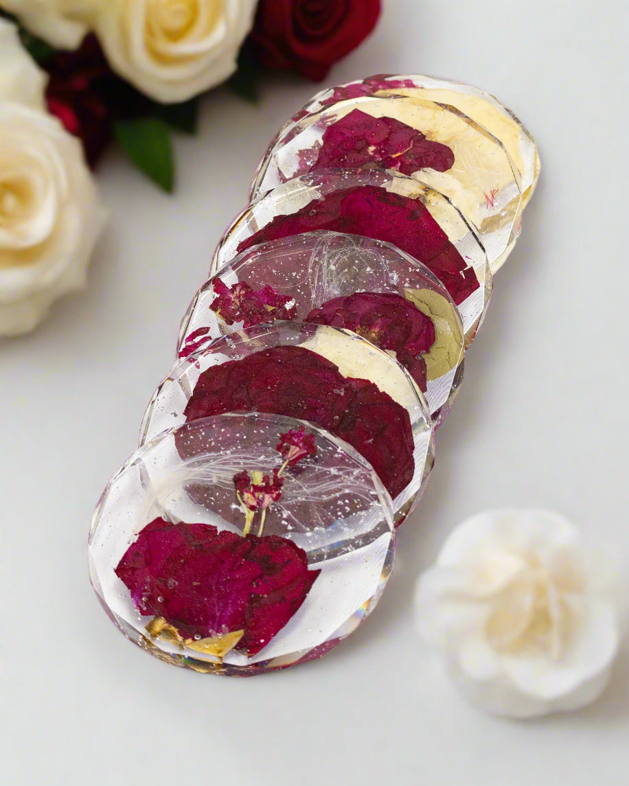 Flower preservation set of 6 red rose coasters diamond edge coasters