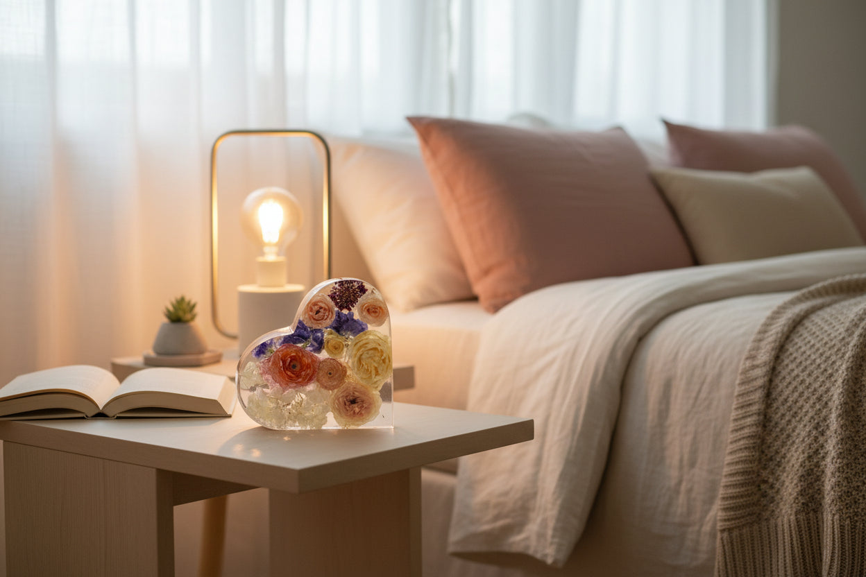 A heart-shaped resin bouquet block with preserved flowers, arranged inside displayed on a bedside table, can be used as a bookend. 