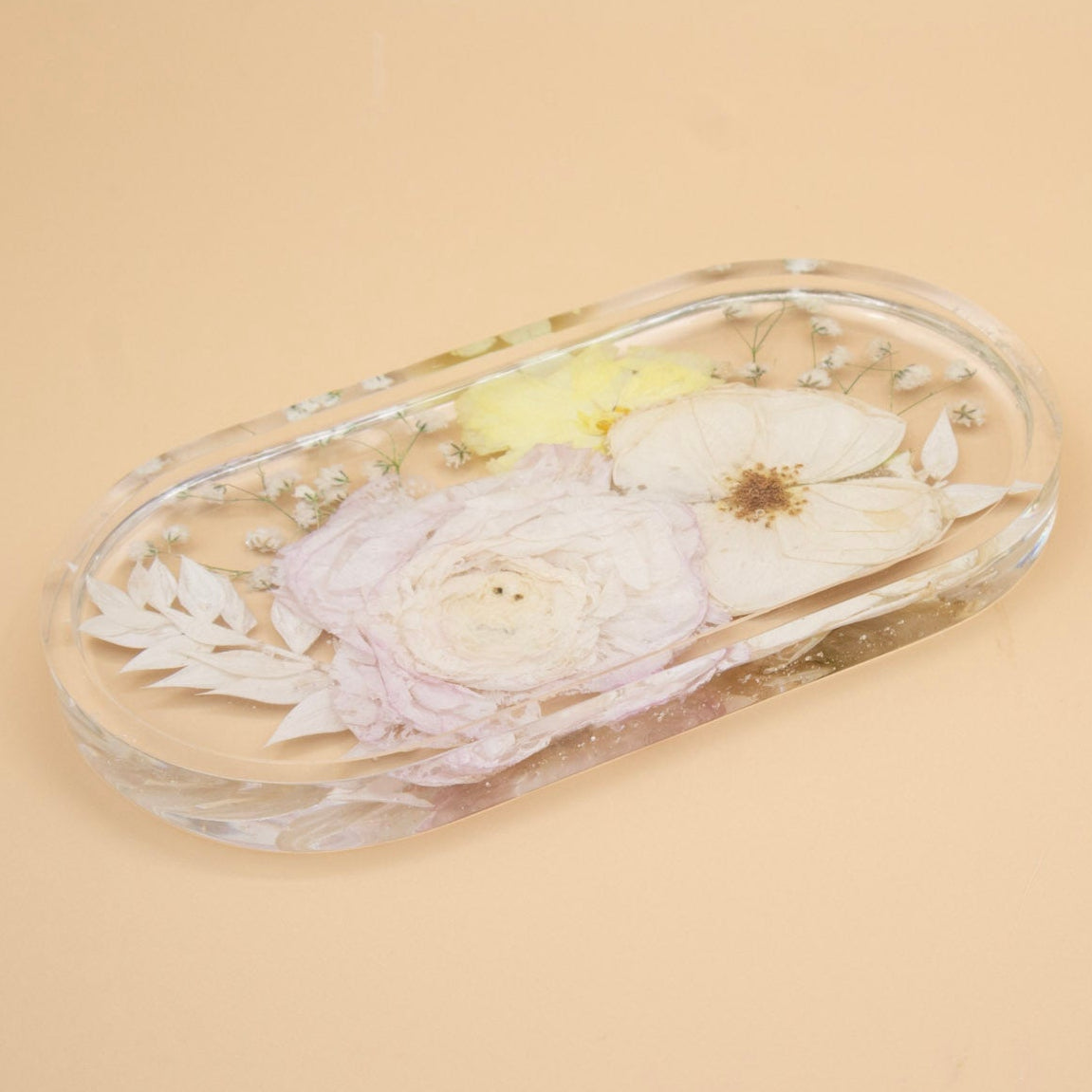Resin ring dish oval trinket tray with pink ranunculus and white rose