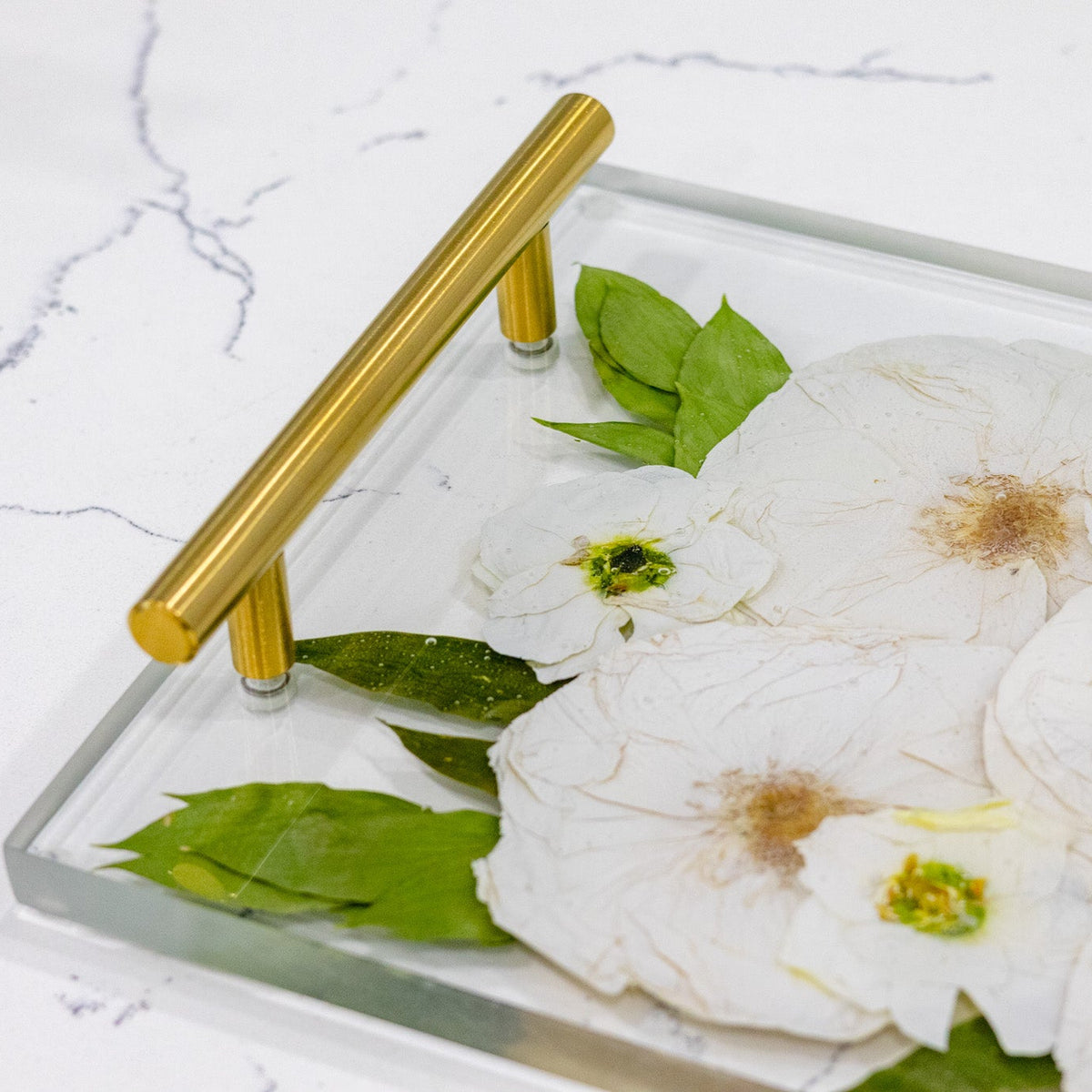 Landscape photo of a pressed flower 12x8 resin tray with mixed dried roses, second angle