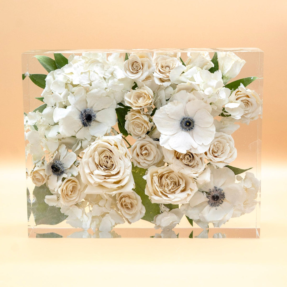 8x10 resin block with preserved white bouquet inside including roses, anemone and hydrangea with color correction service for vibrancy