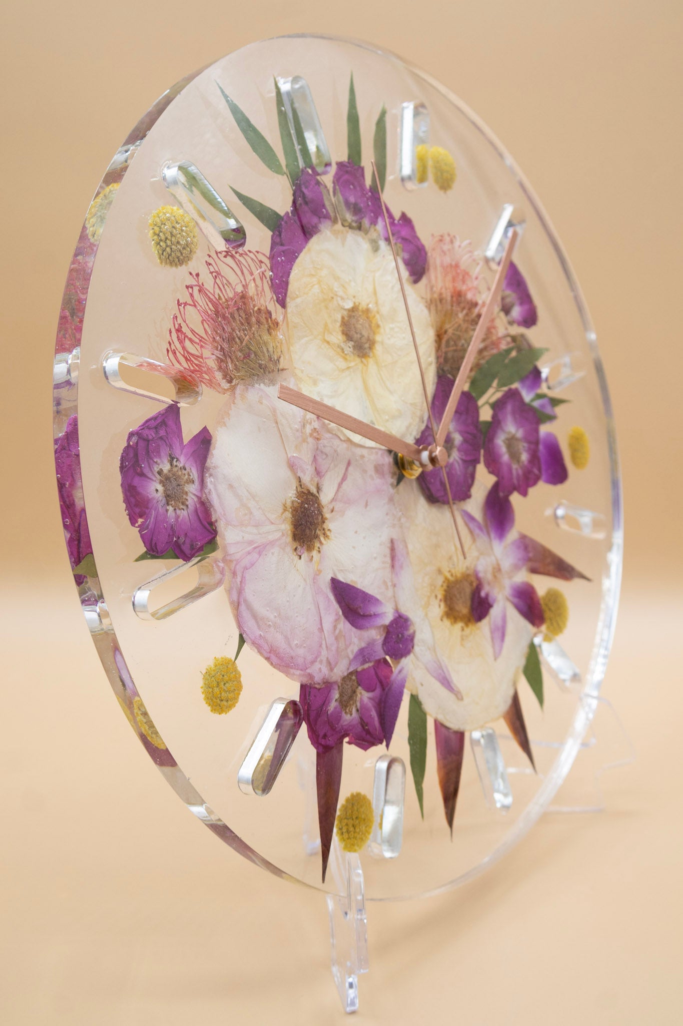 pressed flower preservation wall clock home decor with tropical bouquet and orchids