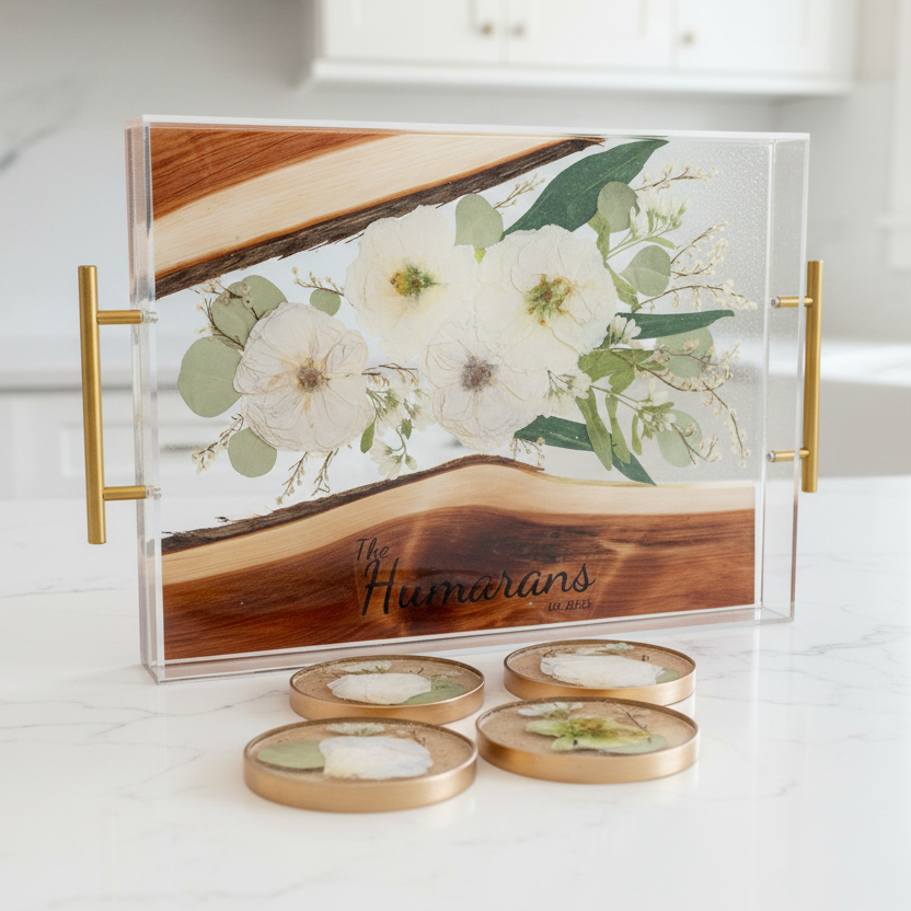 Preserved flower tray with white wedding bouquet featuring our color correction paint service and laser engraved name, accompanied by coasters on a white surface.