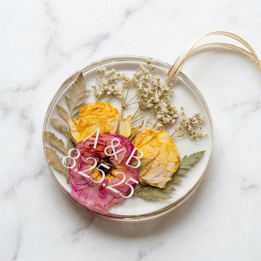 resin flower preservation round ornament with text personalization featuring Pink and yellow pressed bouquet and white text on a gold ribbon