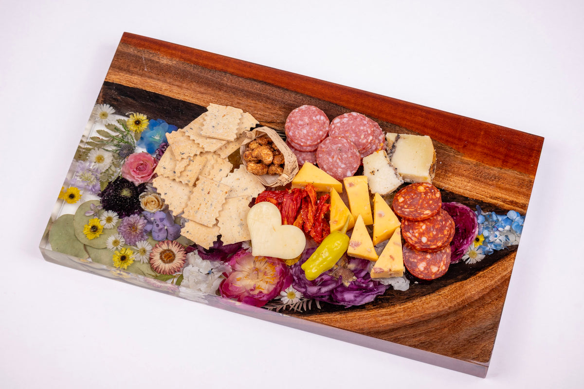 Bouquet preservation charcuterie board made with real preserved flower and wood in resin