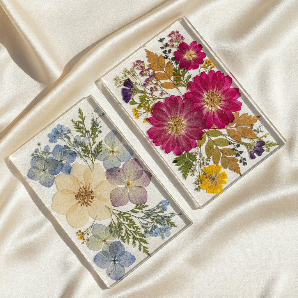 two pressed flower resin preservation bouquet flower preservation trays on silk