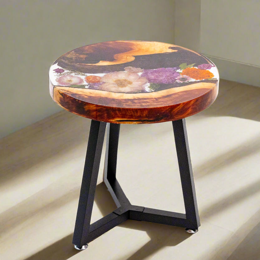 Wedding Bouquet Preservation Table Round 18" Live Edge Resin Table Preserved Flower Table Wood Resin Flower Preservation Epoxy Floral Table