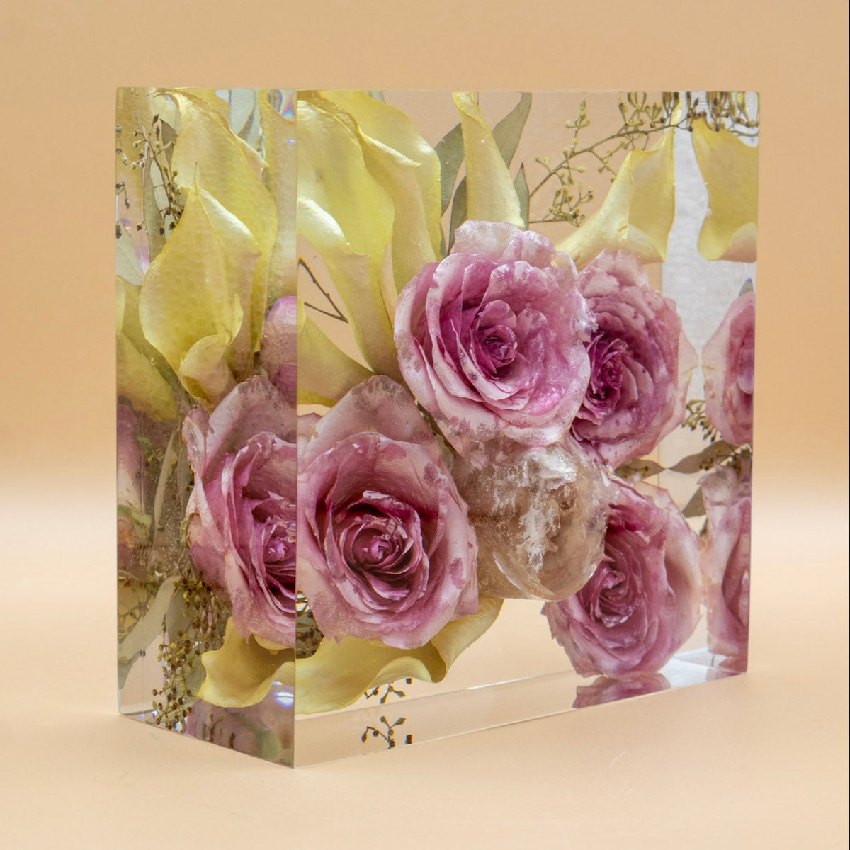 Calla Lily and Rose bouquet preserved in resin block 5-inch square cube