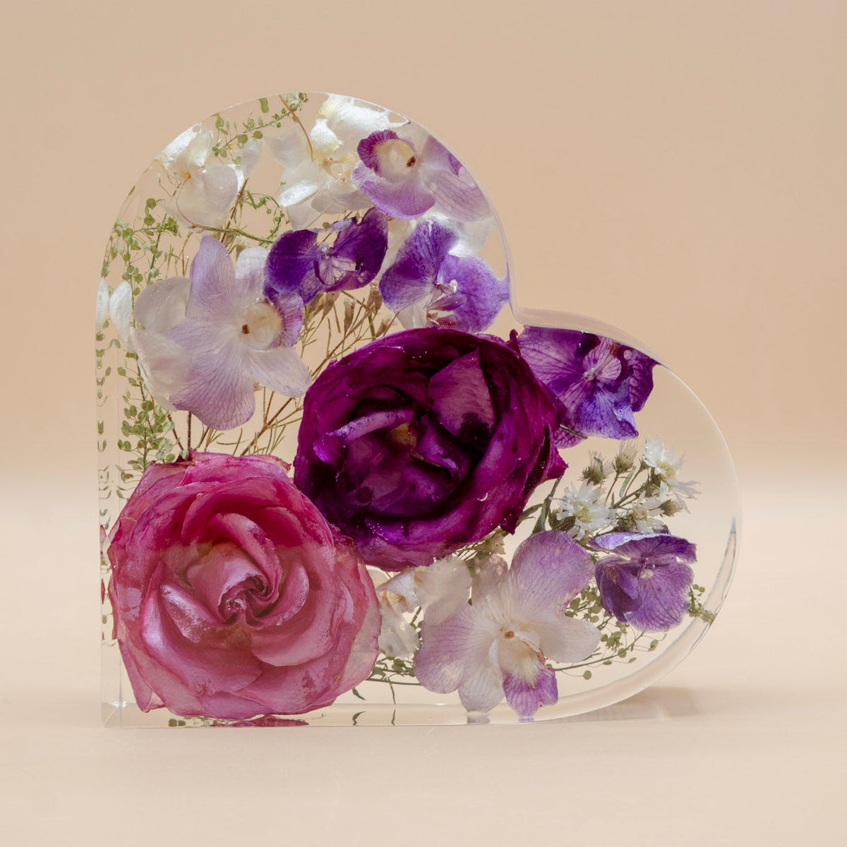 Resin Bouquet preservation of Purple orchid and roses in epoxy encased heart block wedding keepsake display