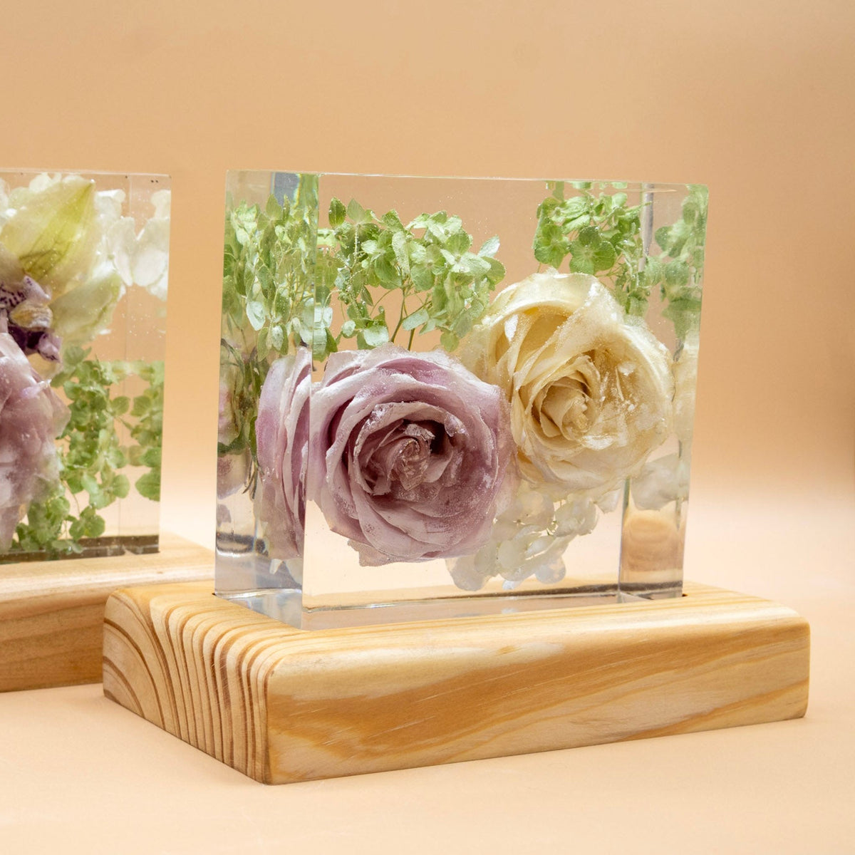 Two resin cube nightlights containing dried preserved roses from a memorial preservation on lighted wooden bases
