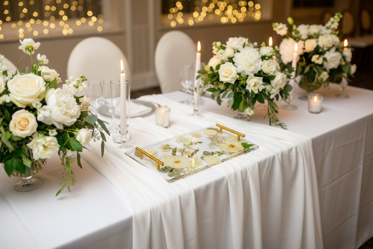 White Flower Preservation white wedding bouquet preservation wedding table tray