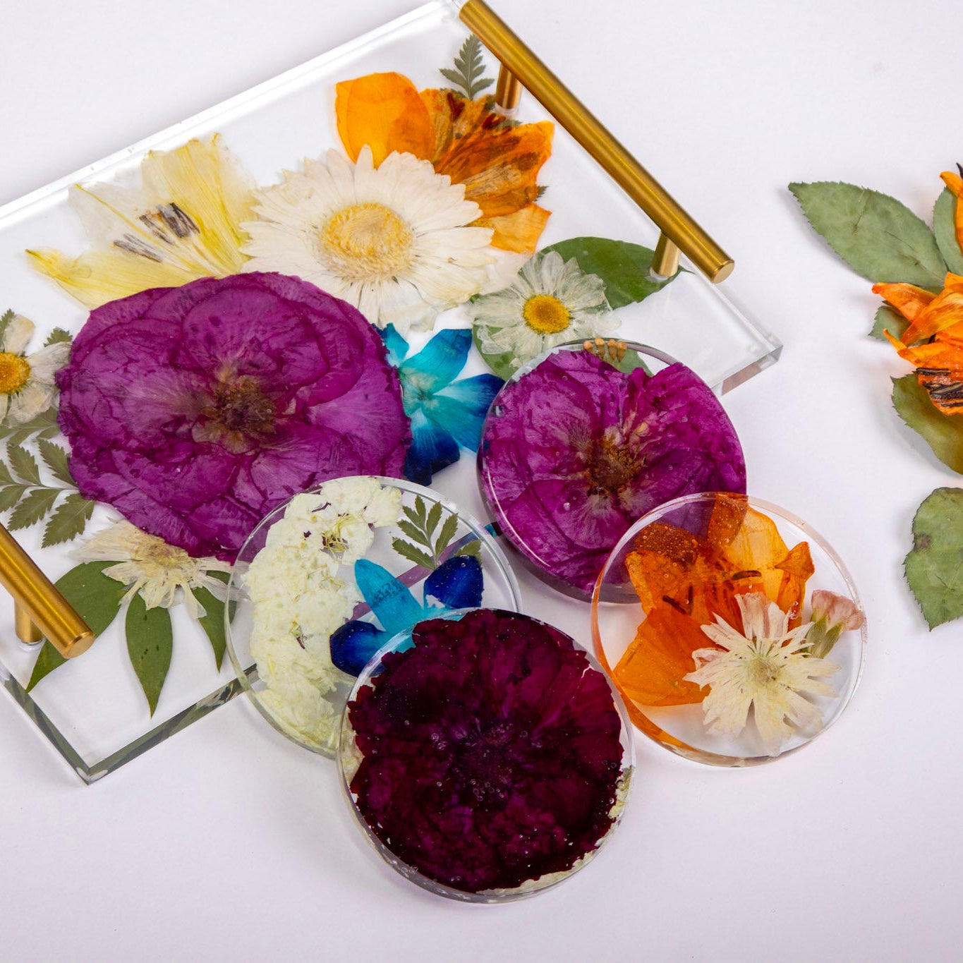 Preserving Flower Wedding Bouquet of pink rose, white daisy, orange lily pressed flowers encased in resin Keepsake tray and 4 coasters