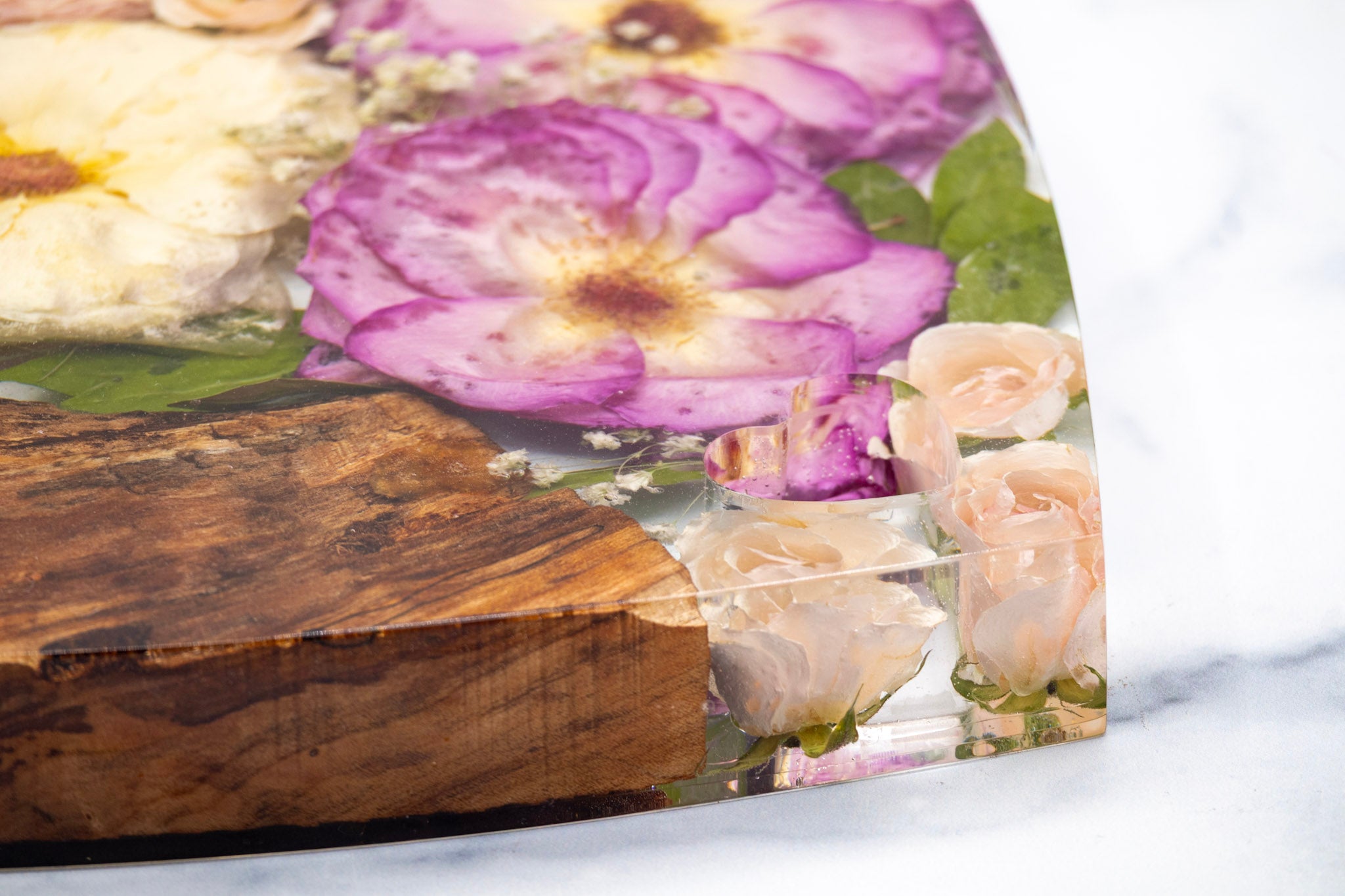 Resin Flower Preservation and Live Edge Wood Serving Board Kitchen Decor Heart Shaped Handle