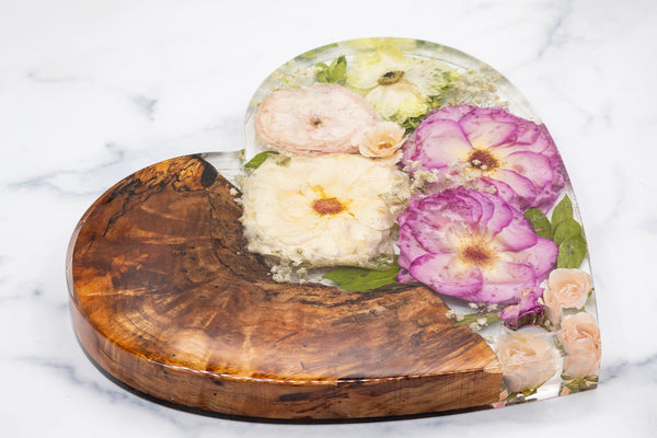 Preserved Flower Art – Custom Wedding Bouquet Keepsake in Heart-shaped Wood Resin