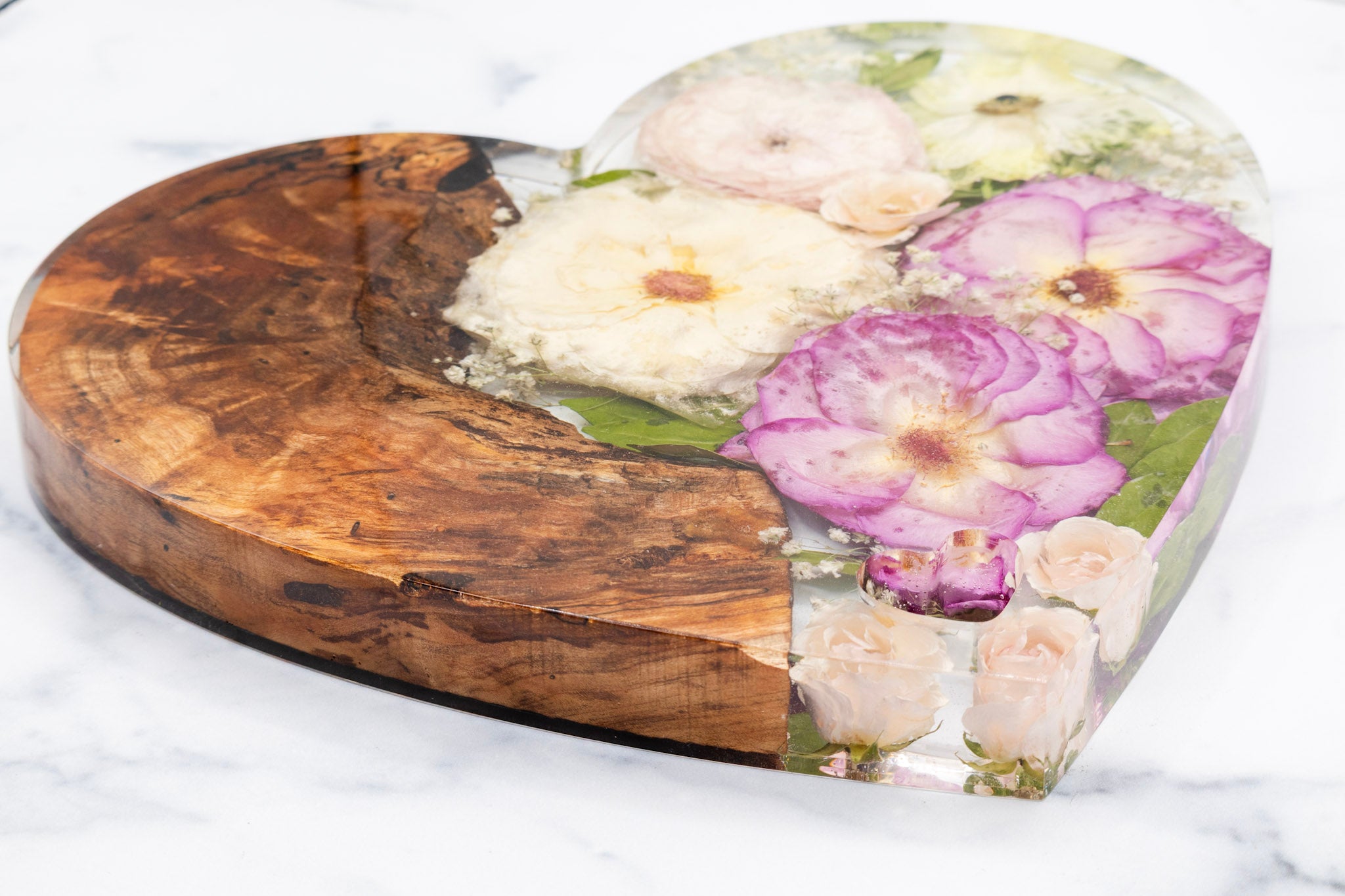 Resin Preserved Flower wood resin charcuterie board on white surface