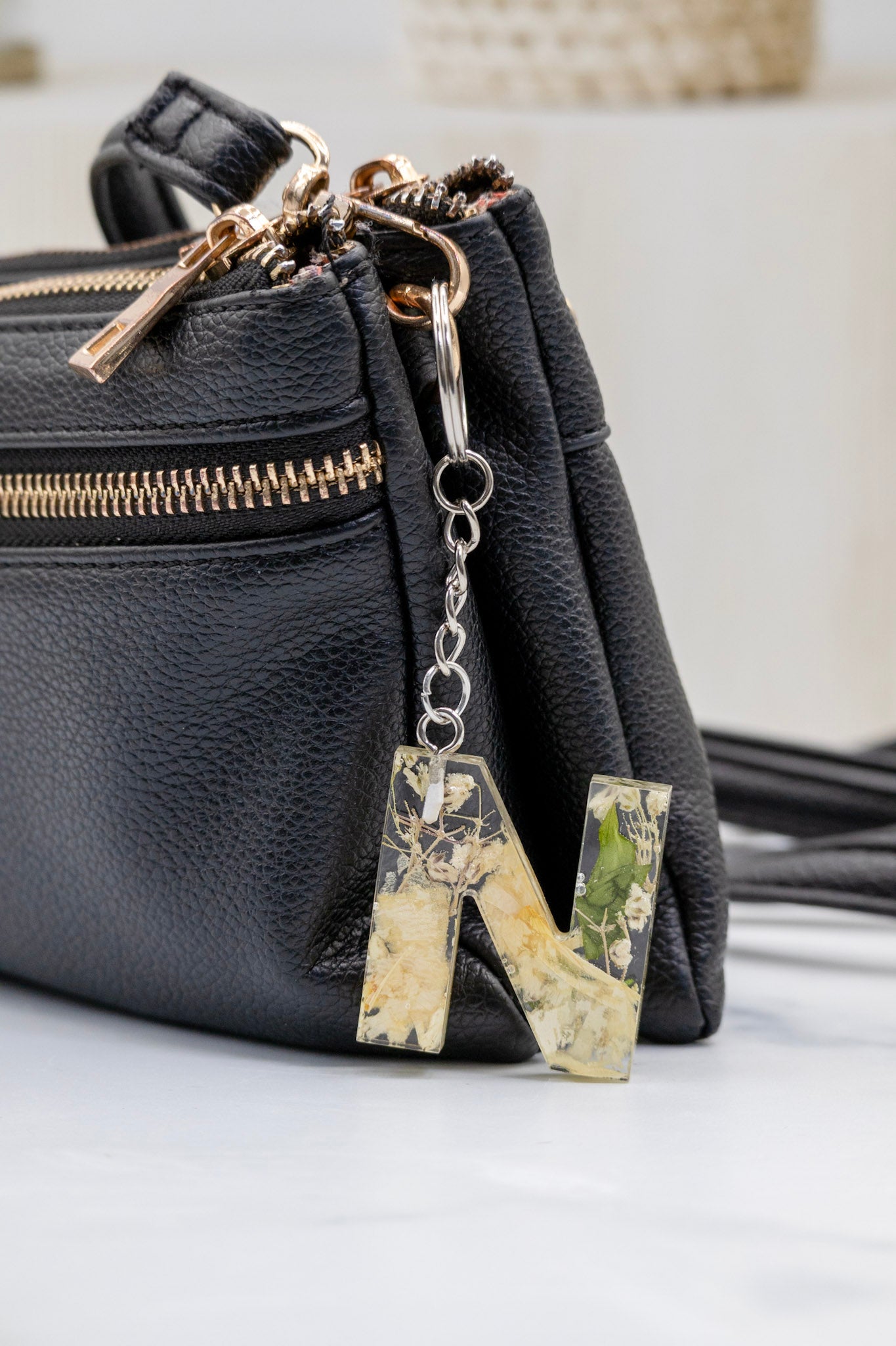 Preserved flower letter keychain with wedding bouquet in crystal clear alphabet resin charm