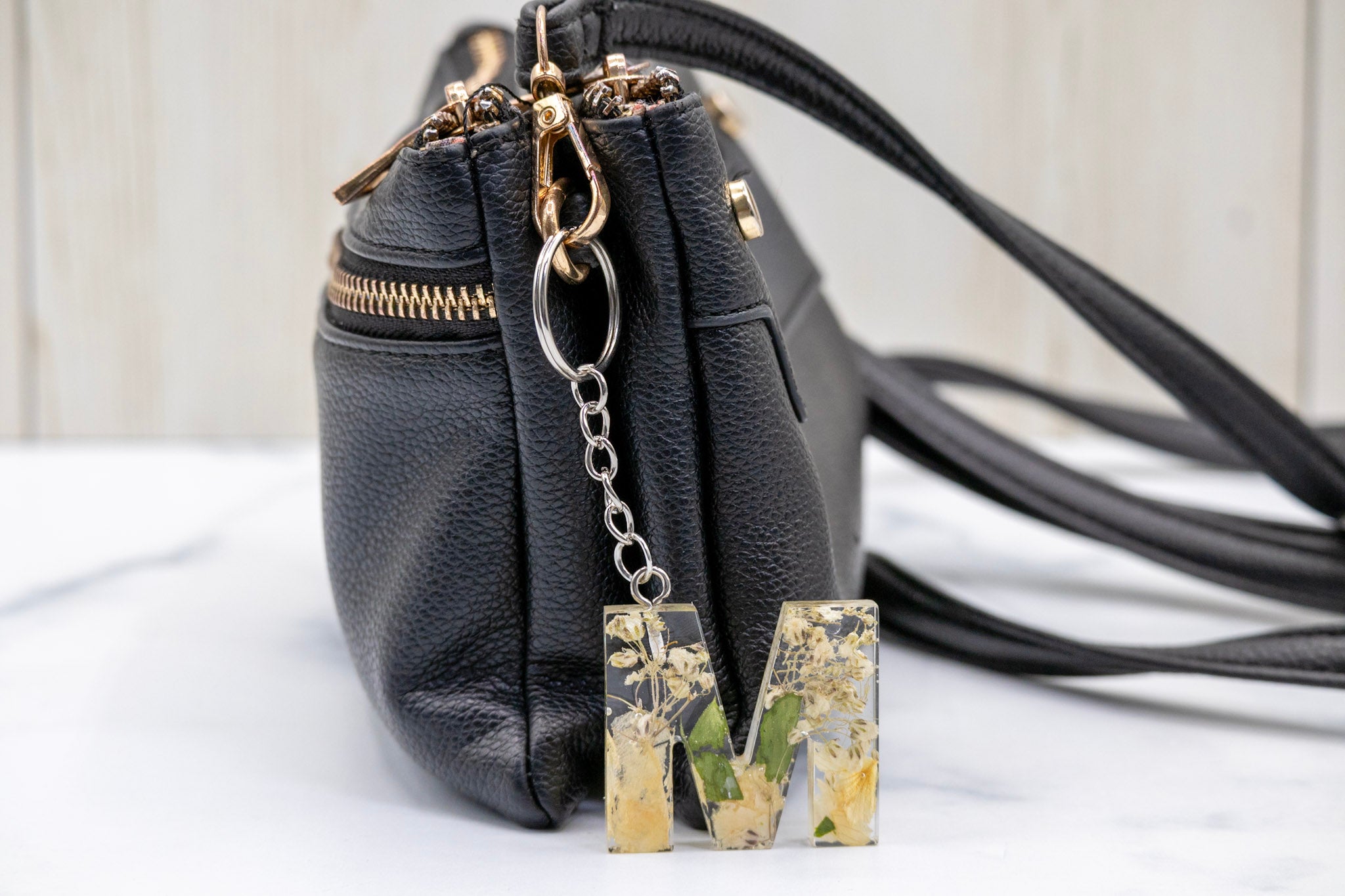 Alphabet flower letter keychain with preserved bouquet in UV-resistant clear resin