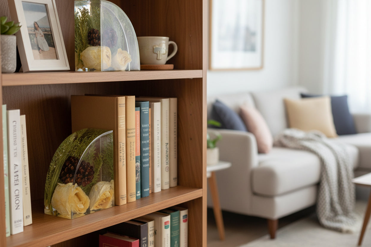 Bookends on Bookshelf Wedding Bouquet preservation home decor for bookish bride