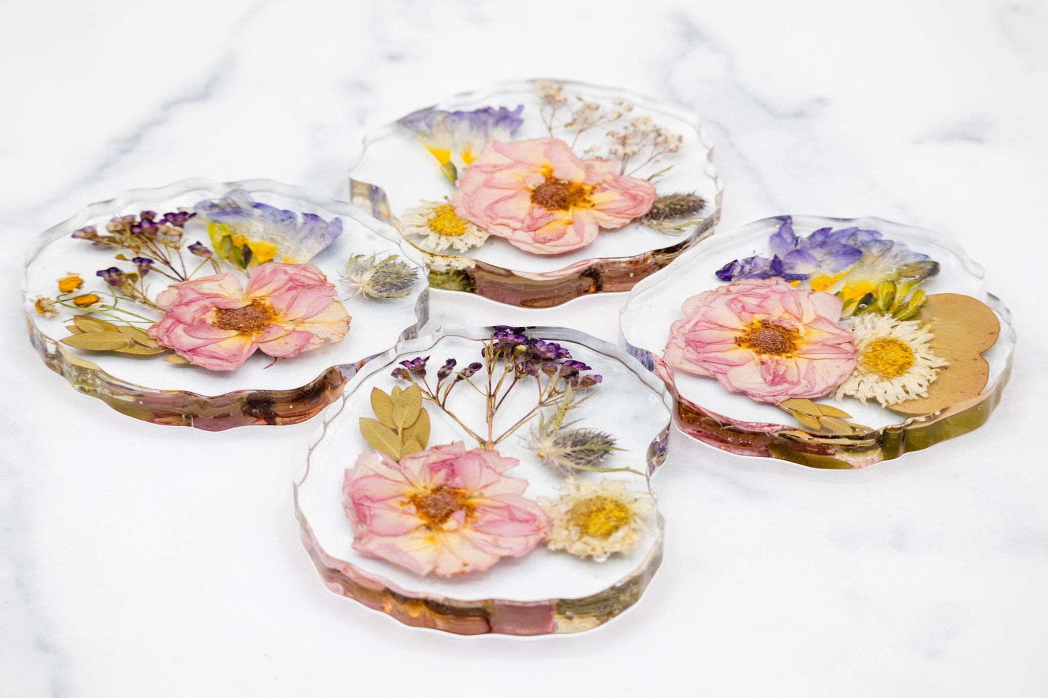Pressed Flower Geode Coaster Set