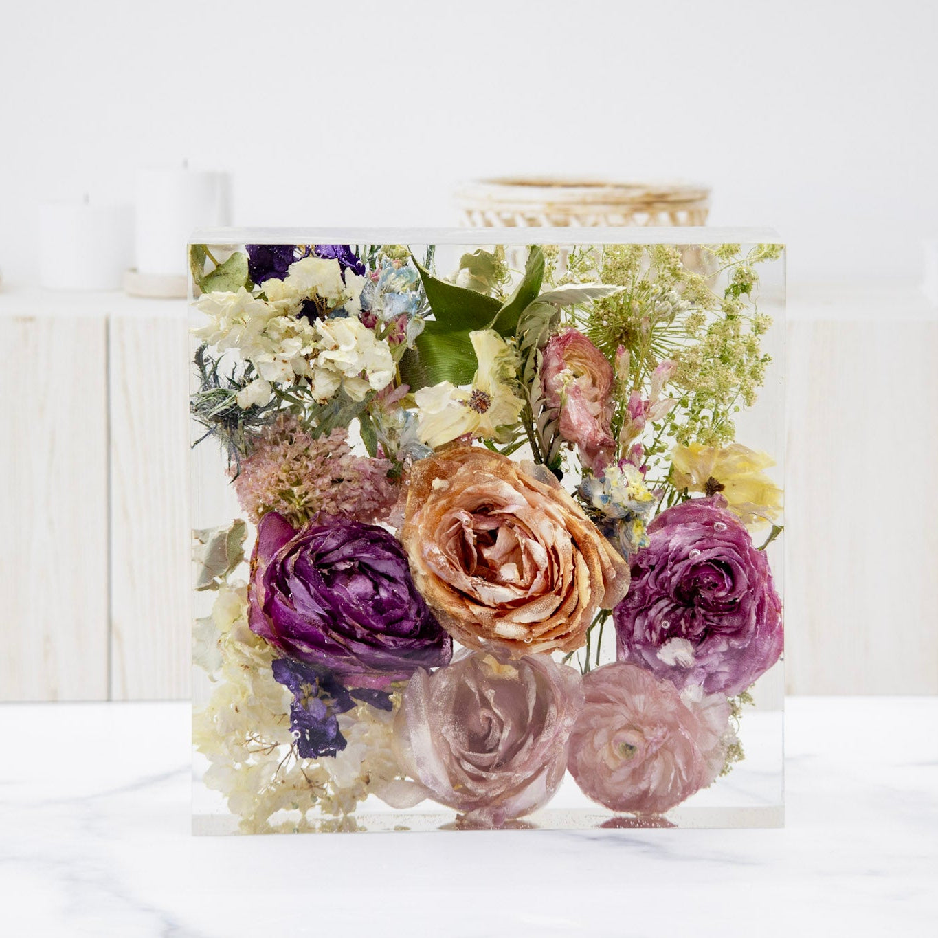square dried flower resin art bouquet preservation wedding flowers encased in epoxy resin
