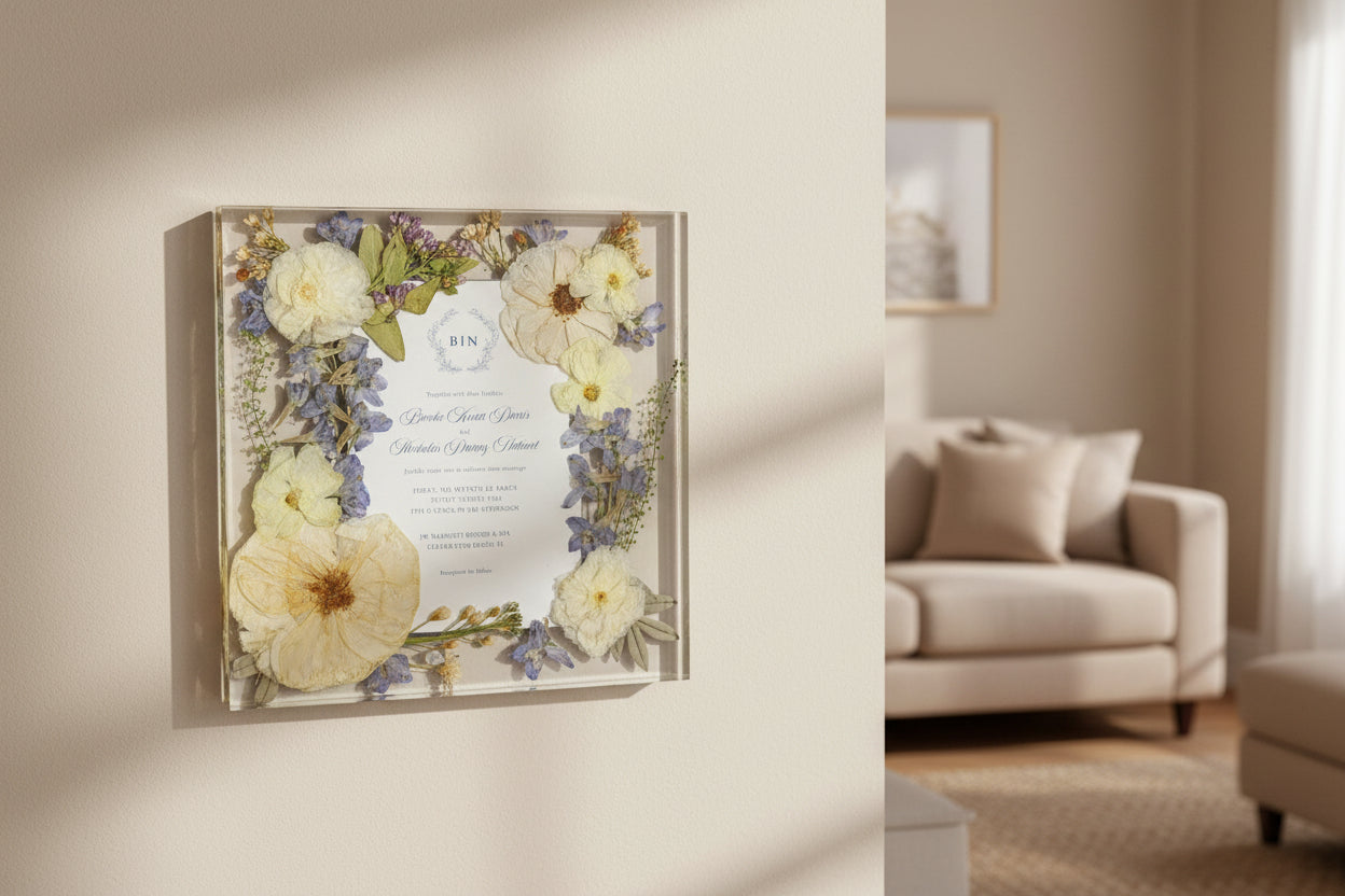 pressed flower resin art flower preservation 10x10 floating frame with rose gold painted edge hanging on wall in living room decor