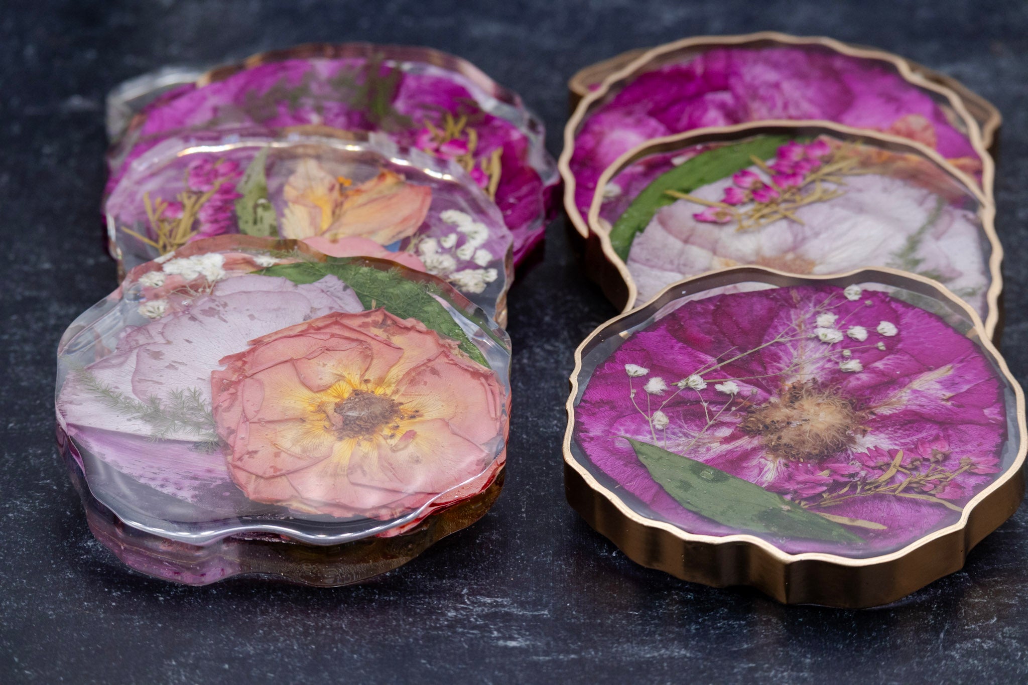 Pressed Flower Geode Coaster Set